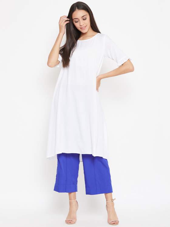Up your fashion game with elevated classics with this aline white kurta and blue culottes