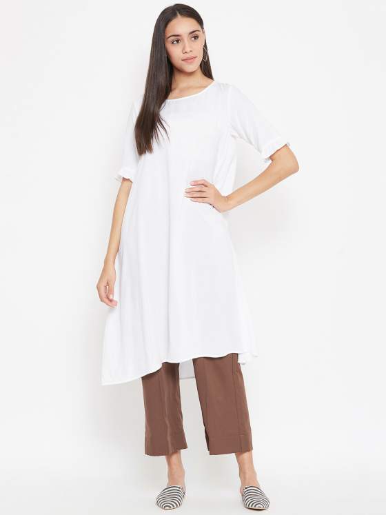 A premium quality rayon white kurta for women paired with androgynous culottes