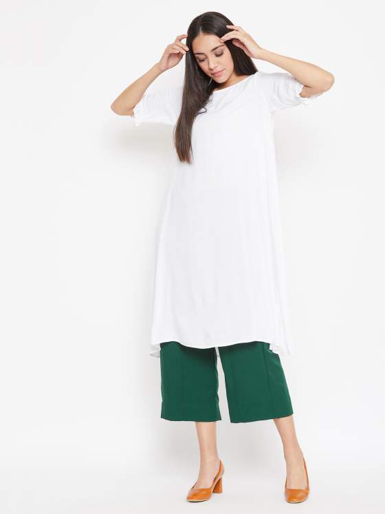 Aline white rayon kurta with green pants set