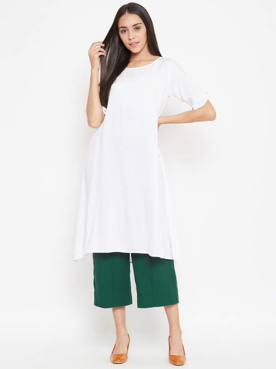 Pick this elevated basic set in white aline kurta and cropped palazzos