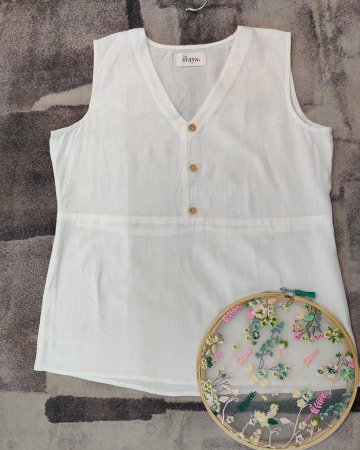 Casual White Sleeveless Top With Front Button Detailing