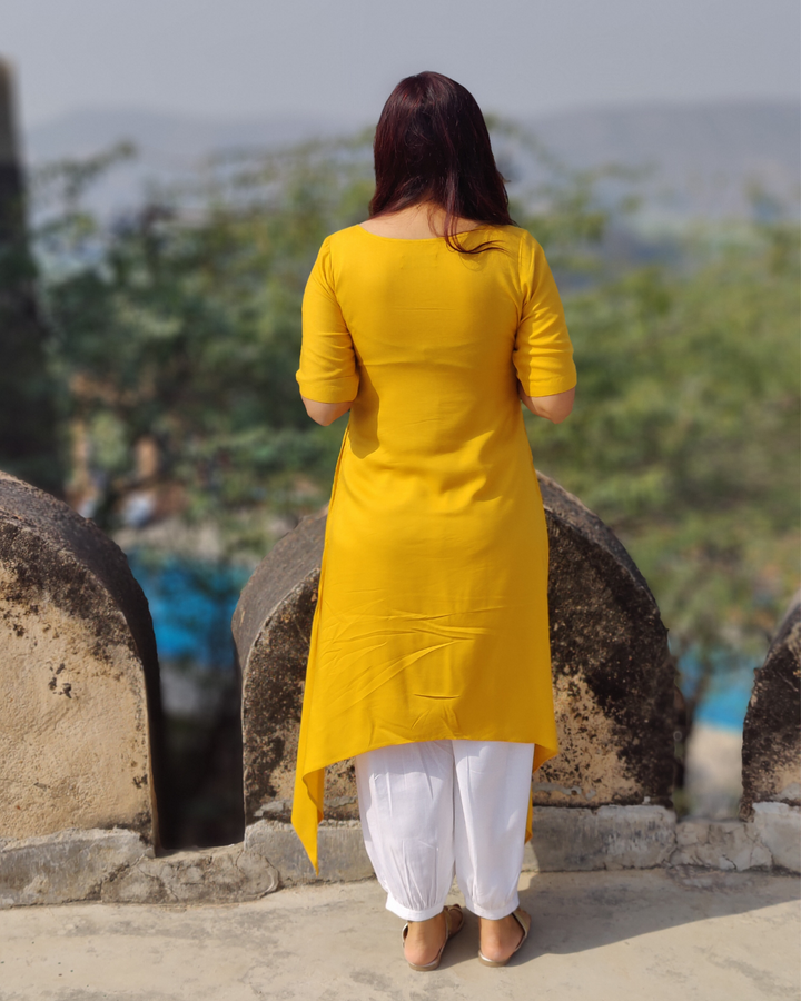 Women's Yellow Ochre Asymmetric Hem Kurta in Cotton Blend