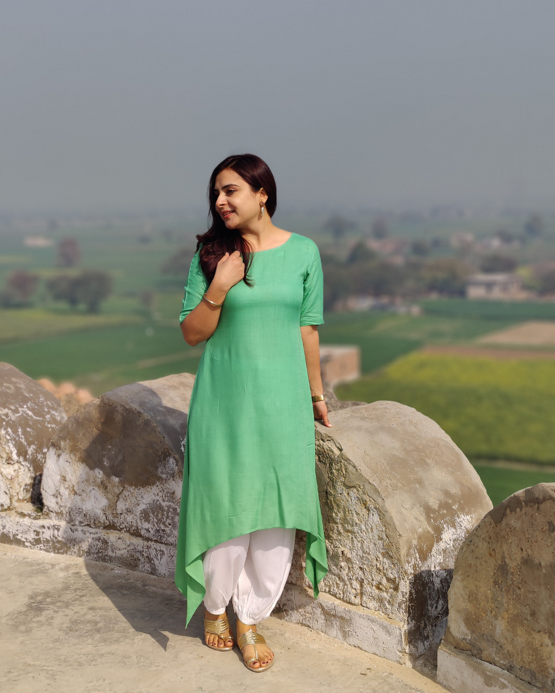 Mint Green Kurta for Women With Round Neck and Half Sleeves