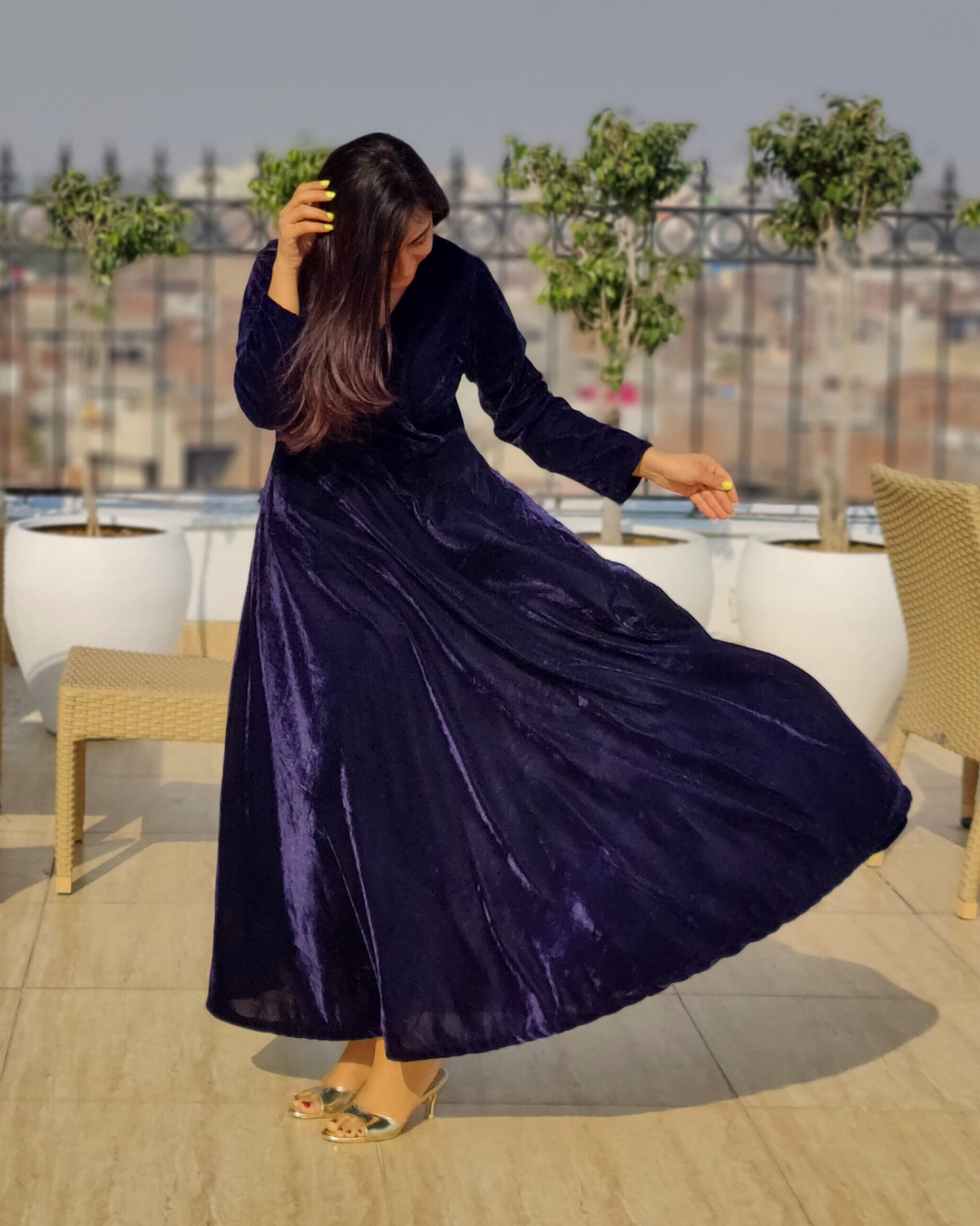Navy Blue Fit and Flare Long Velvet Dress The Svaya