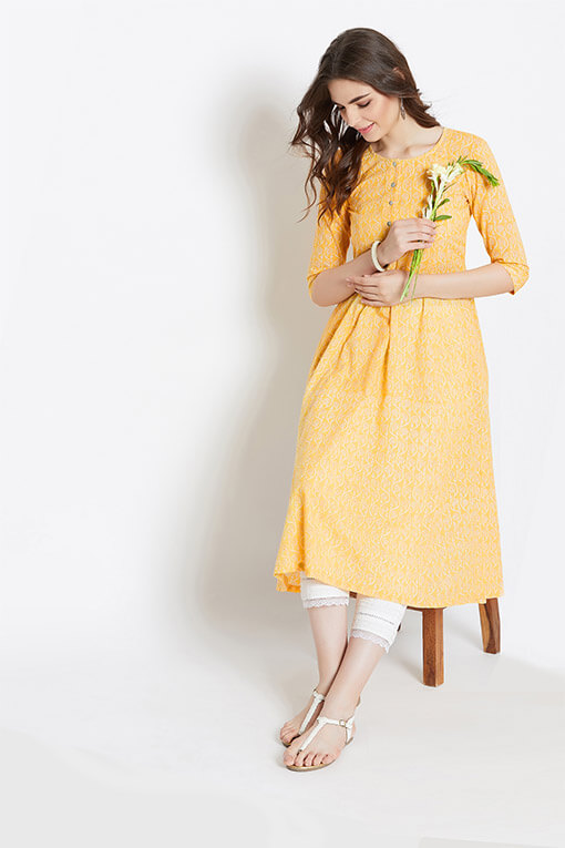 Women's Yellow A-Line Cotton Kurta With Pants – Set of 2