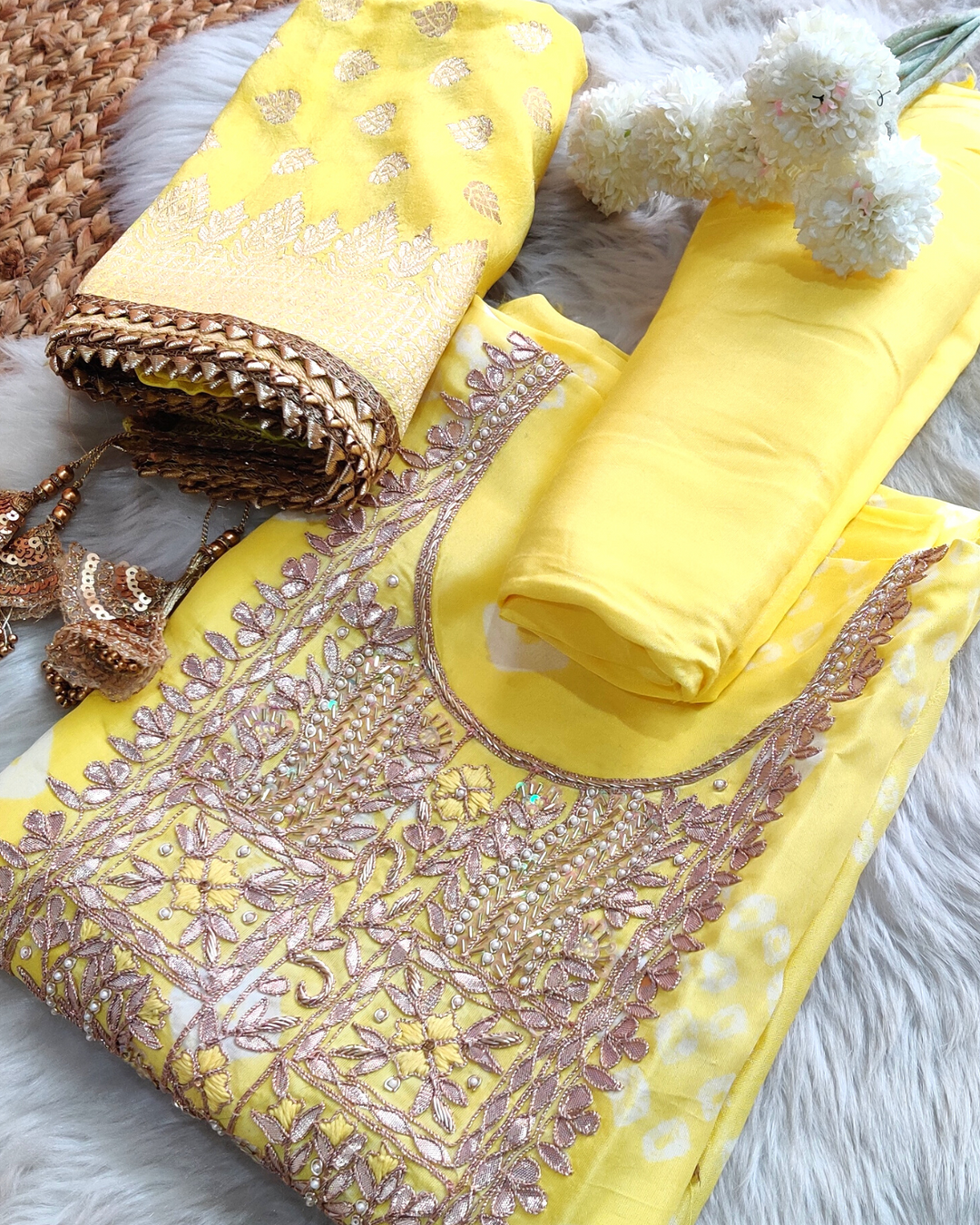 Yellow bandhani embroidered unstitched suit - set of 3