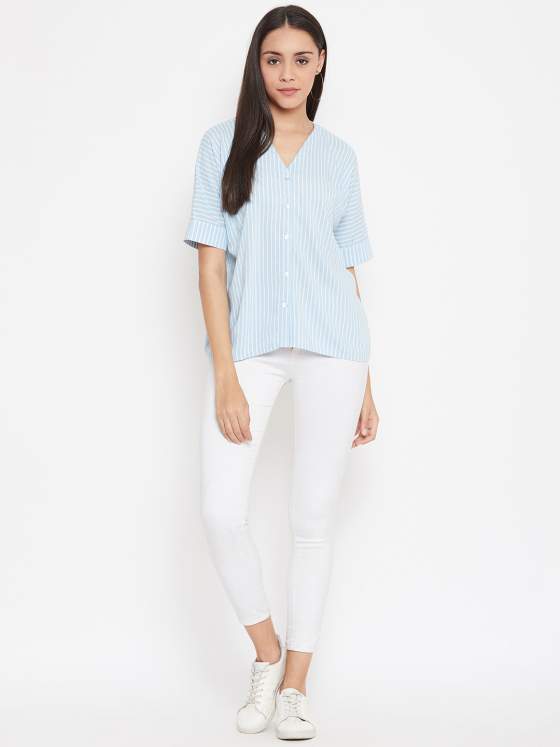 Pair this comfy blue and white striped shirt with shorts, pants, culottes - literally anything!
