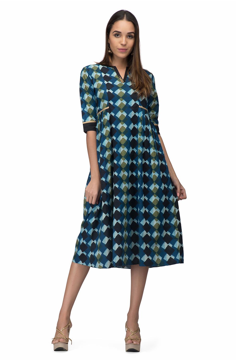 A blue cotton side pleat dress for women