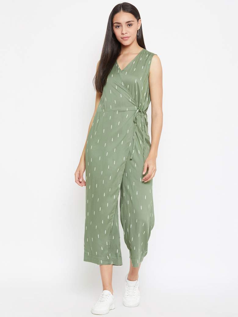 A relaxed fit jumpsuit with a layered flap to compliment your body type