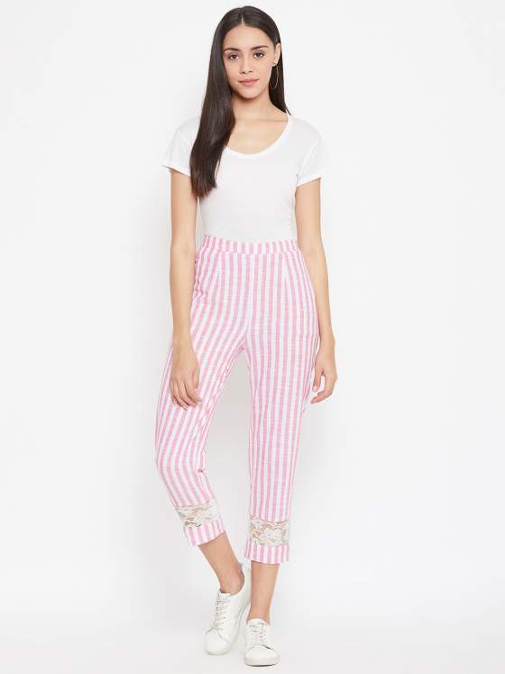 Cotton striped pants with lace detailing