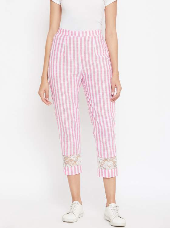 White & pastel pink striped pants in cotton