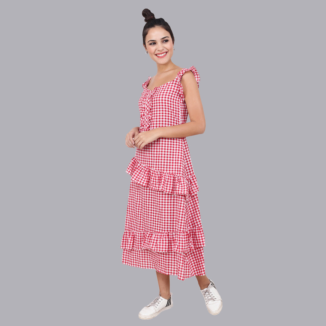 Women's Red Checkered Tiered Dress