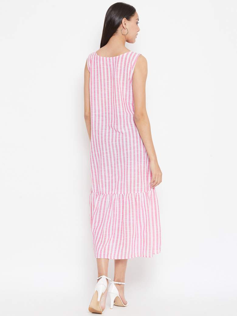 Tiered hem with light gathers and an aline fit make this cotton striped dress a summer special