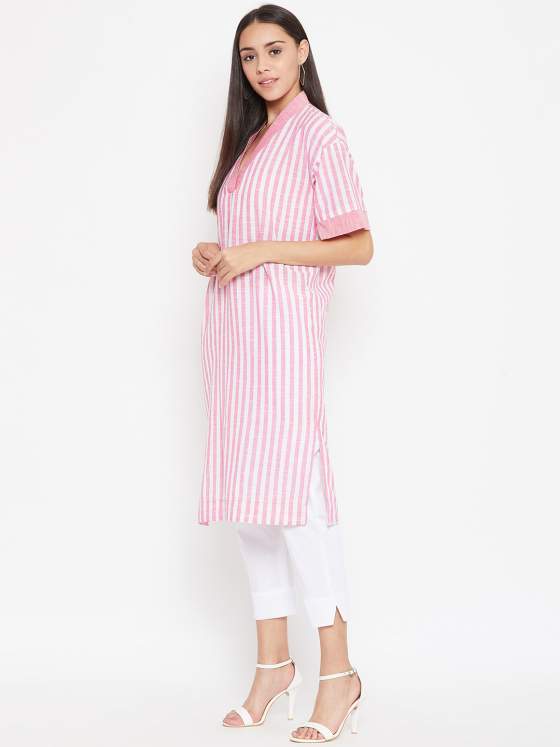 Baby pink stripes kurta in cotton slub is a perfect pick to flatter your body.