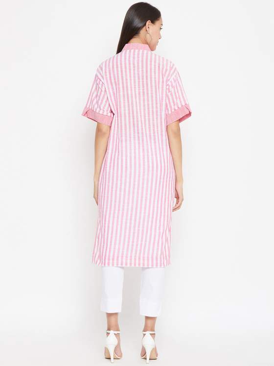 A cotton striped kurta in pink paired with white pants.