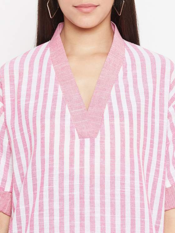 V neck pink striped kurta