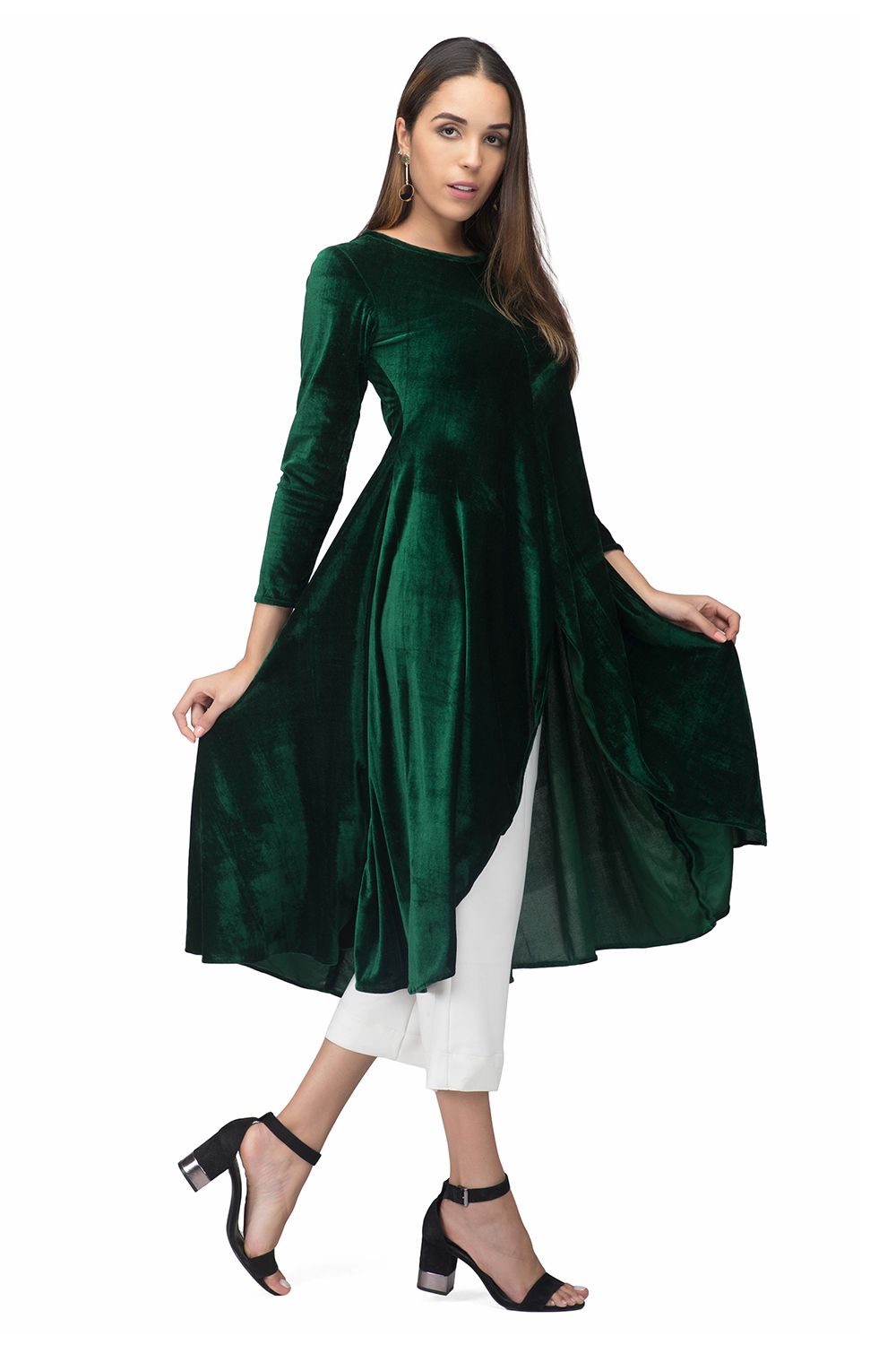 Green Asymmetrical Velvet Kurta For Women