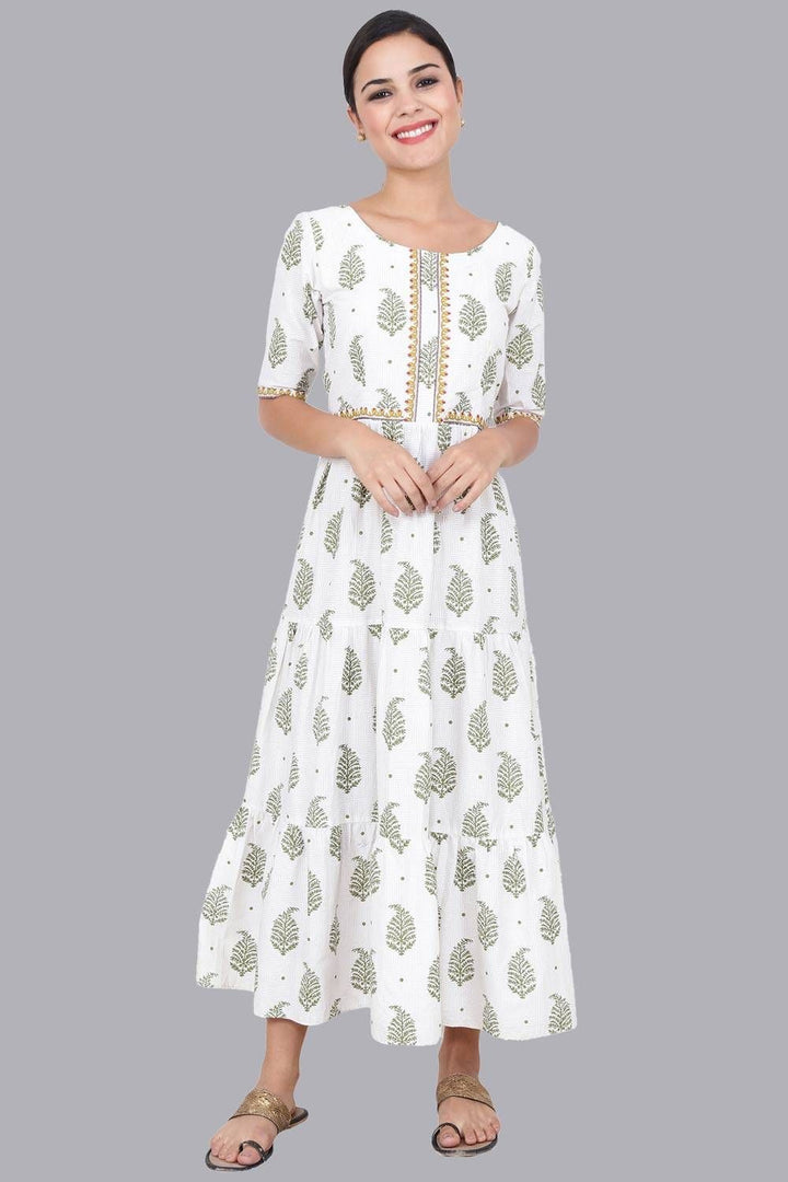White Leaf Printed Maxi Dress For Women