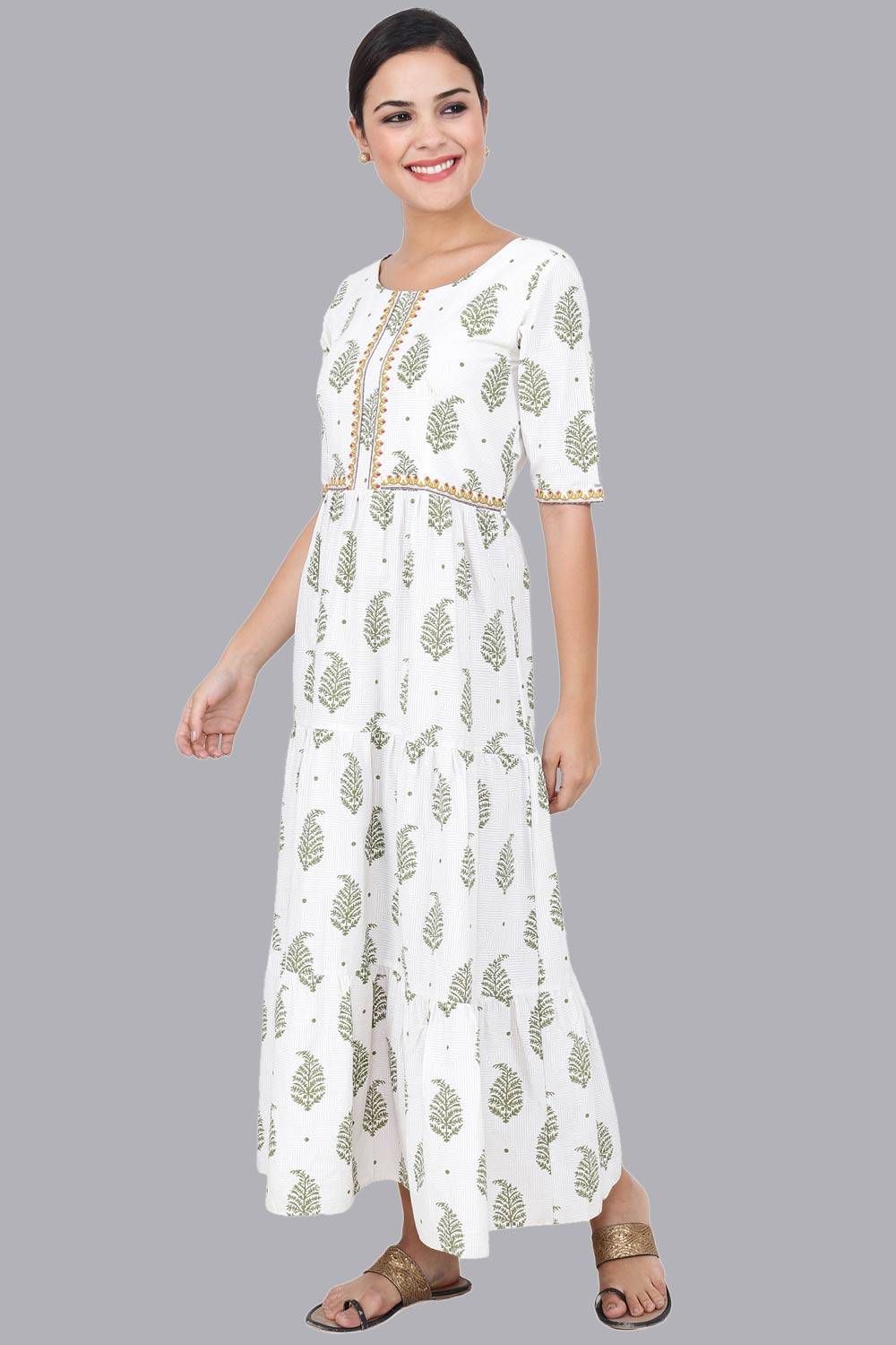 White Leaf Printed MaxiaDress For Women