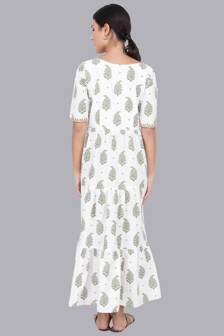 White Leaf Printed Maxi Dress For Women